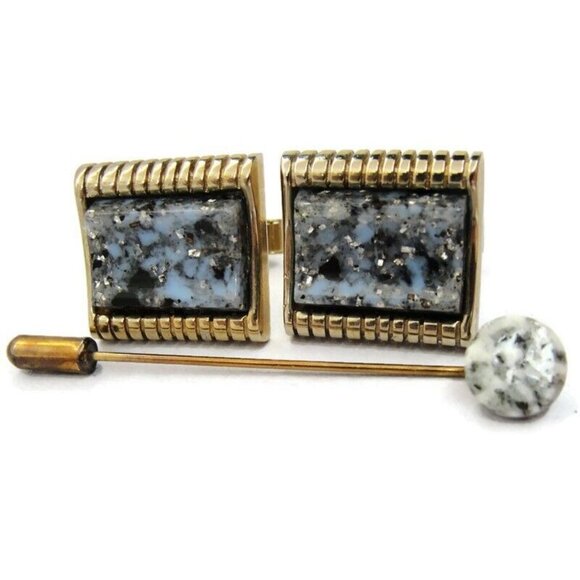Vintage Blue Marble Gold Tone Vintage Cufflink Set with Stick Pin - Picture 2 of 12